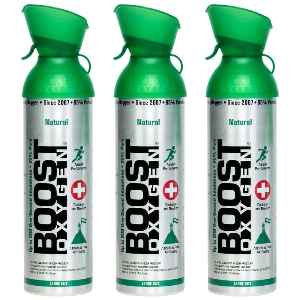 Boost Oxygen 3-Pack: Latas Portáteis de Respiração, Suporte Respiratório, 10 Litros, Natural. Ideal para suporte respiratório em qualquer lugar.