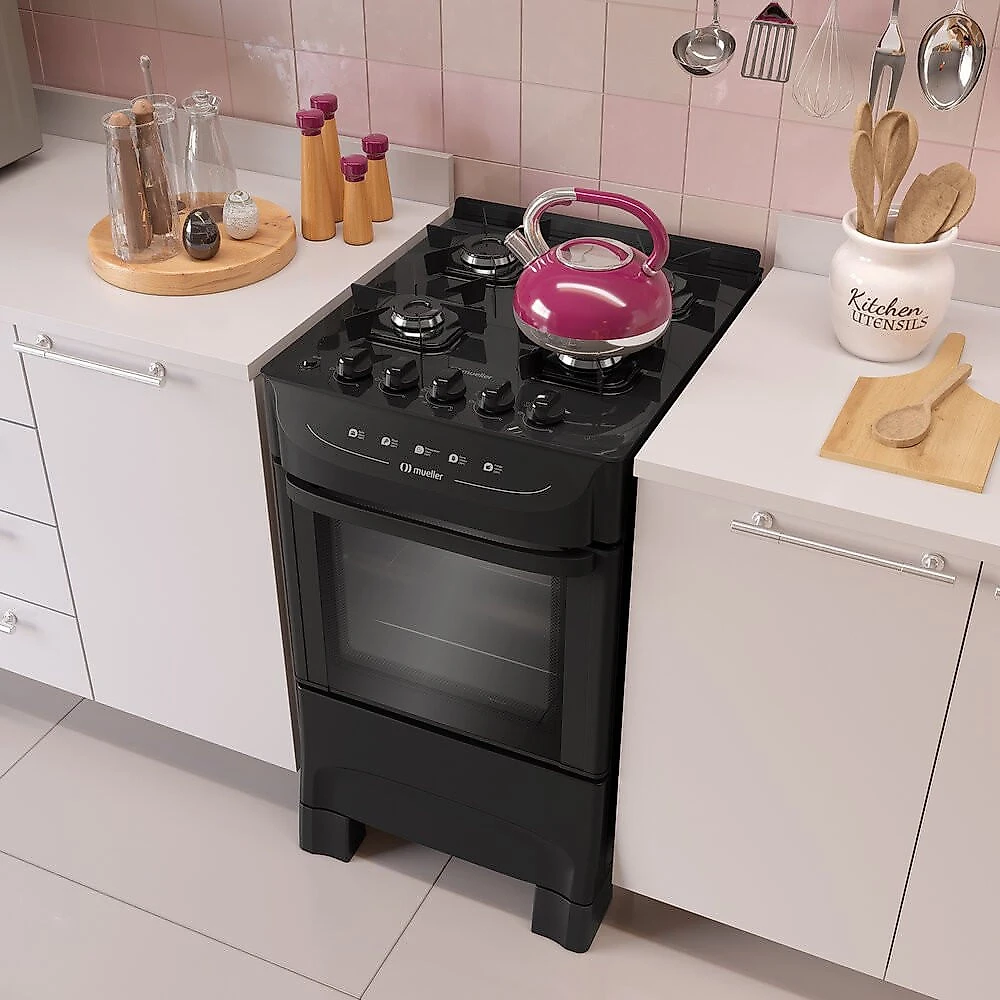 Fogão a Gás 4 Bocas Mesa de Vidro Acendimento Automático MFV4BB Mueller Preto - Bivolt