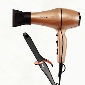 Secador de Cabelos Taiff Style Motor AC Profissional 2000W – Cobre + Modelador de Cachos Curves 1" 2,5 cm com Cabo Giratório 210°C - Preto