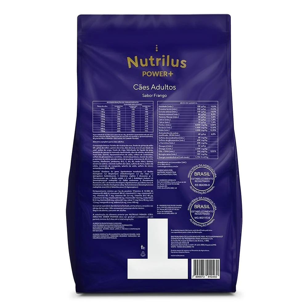 Miniatura Ração Seca Nutrilus Power+ Frango & Carne para Cães Adultos - 15 Kg
