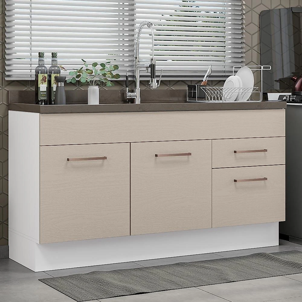 Balcão gabinete de pia cozinha 150 cm 2 portas e 2 gavetas (sem tampo e pia) branco/crema agata madesa