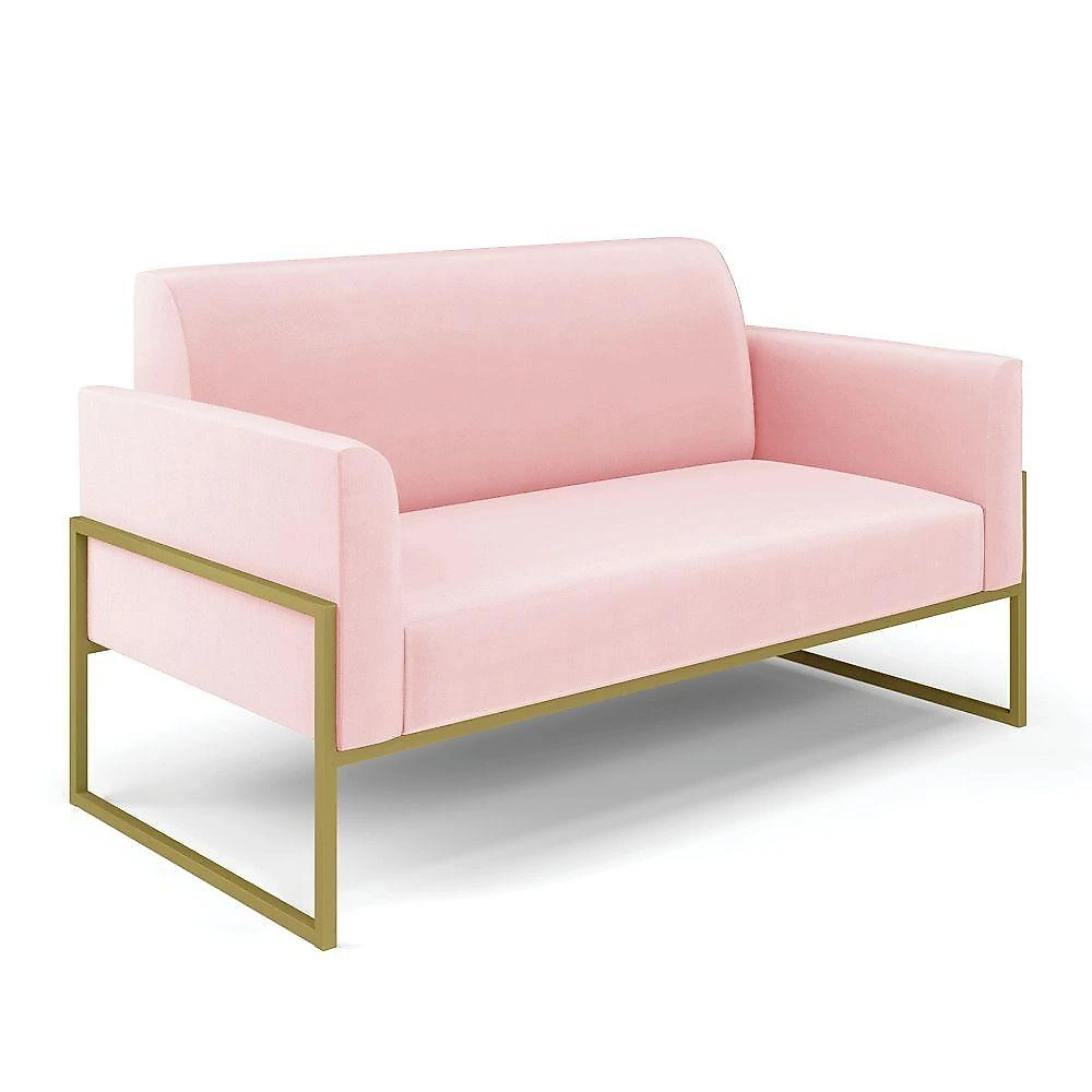 Sofá Namoradeira Com 2 Poltronas Base Industrial Alta Dourado Marisa Suede Rosa Bebê D03 - D\'rossi