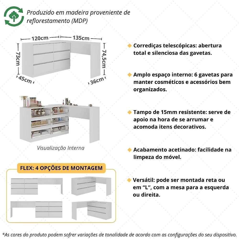 Miniatura Penteadeira de Canto 120cm 6 Gavetas Flex Multimóveis MP4404 Branco
