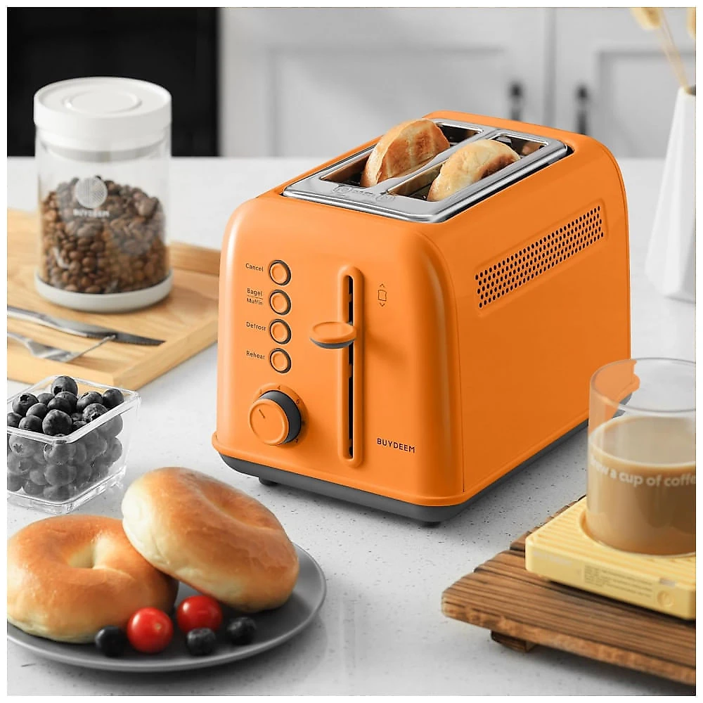 Torradeira BUYDEEM DT620 Laranja 2 Fatias com Fendas Largas, Função Bagel e Muffin, Bandeja de Migalhas Removível e 7 Níveis de Tostagem, 110V