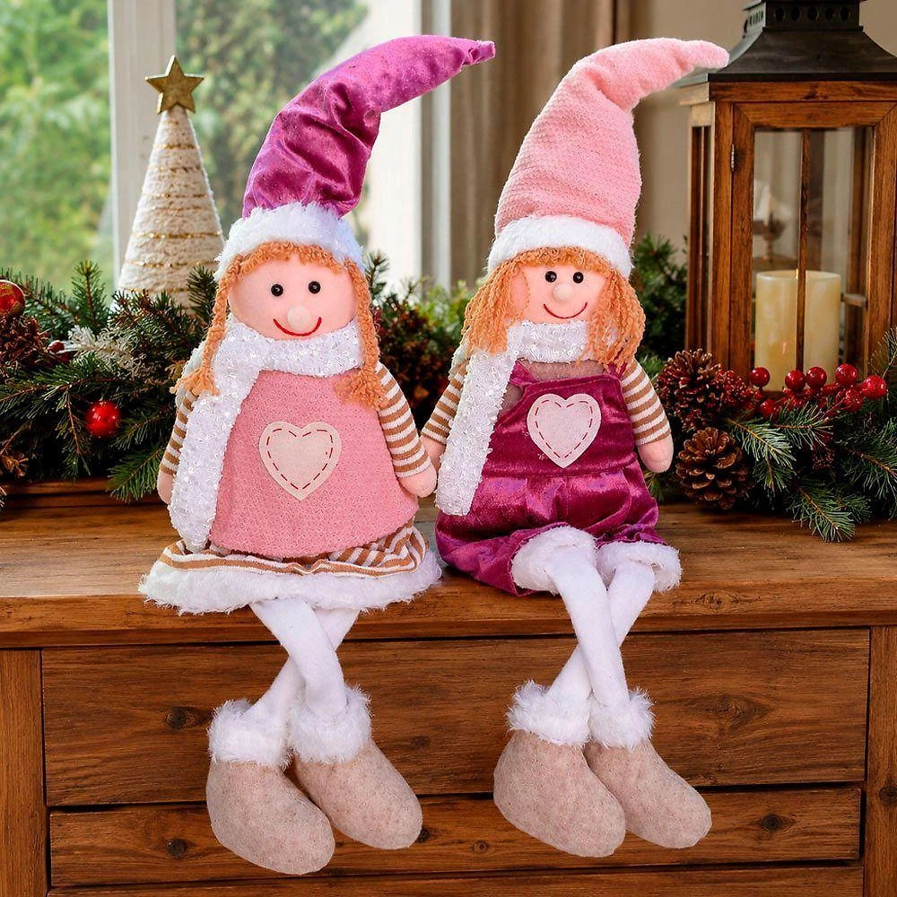 Dupla Boneco Natalino Criança Pernas Moles Decorativo Crianças Natalinas Rosa 64CM