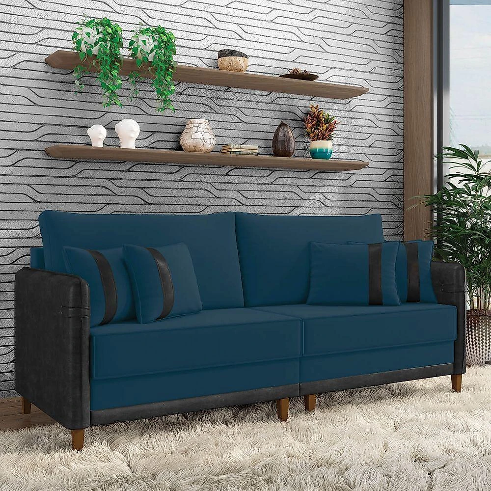 Sofá 3 Lugares Living 212cm Pé Madeira Valença Pto/veludo K01 - D\'rossi Cor Azul