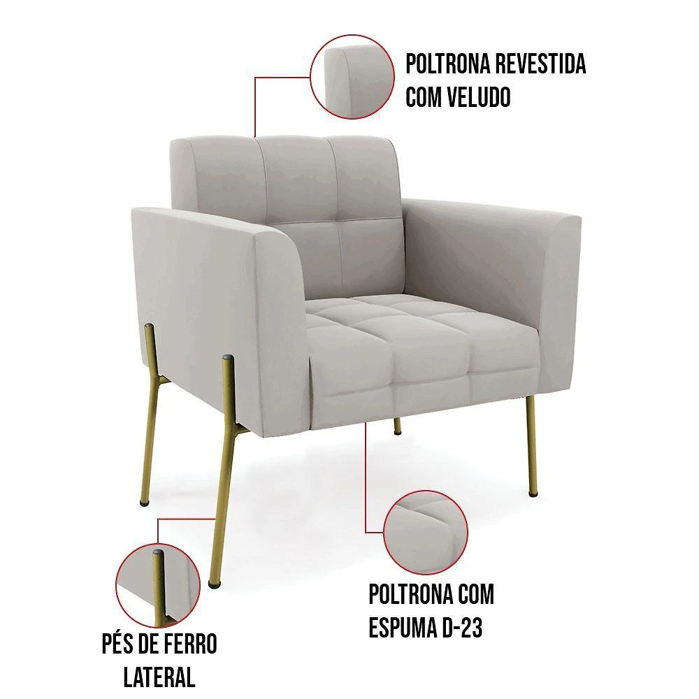 Poltrona Pé De Ferro Dourado Para Sala Elisa Veludo D03 - D'rossi Cor Cinza