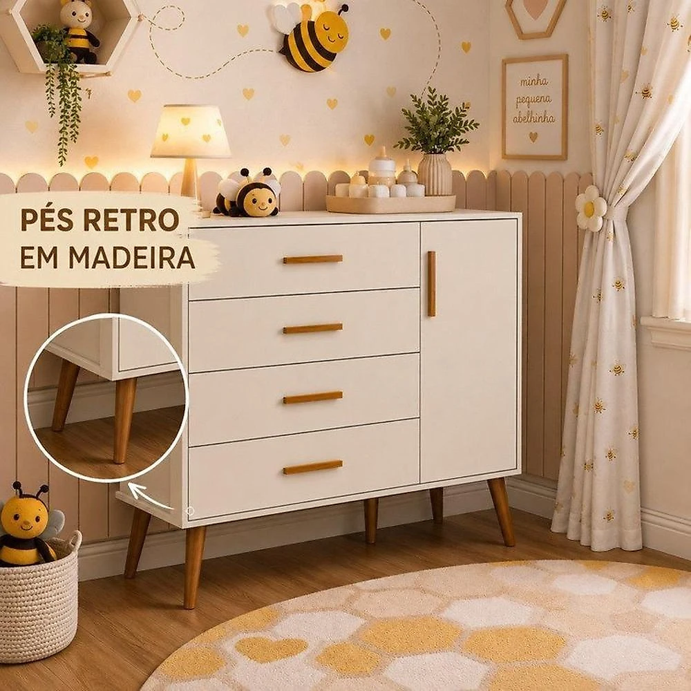 Quarto de Bebê Completo Isis / Berço 2 em 1, Cômoda Sapateira 100% MDF Areia