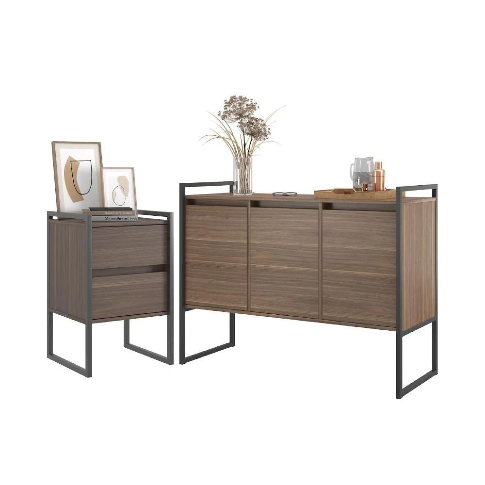 Conjunto de Buffet e Gaveteiro Ícone Industrial 3 Portas MDP 120CM Affara Marrom Plata Móveis