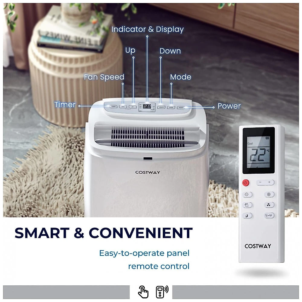 Ar Condicionado Portátil 9.000 BTU 3 em 1 Temporizador 24H Cobre 32 m2, COSTWAY, Branco