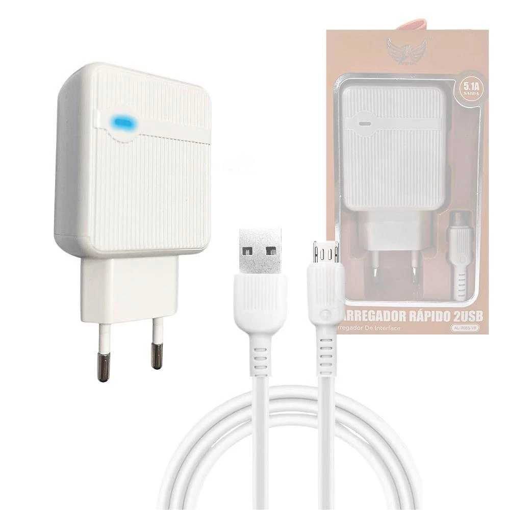 Carregador de Parede Altomex AL-9085-V8 Rápido 5,1A 5V Bivolt 2 Portas USB Cabo Micro USB V8 Branco