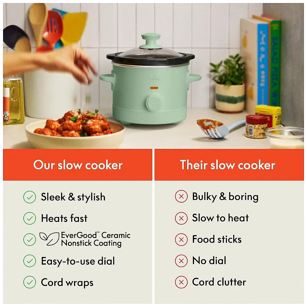 BELLA Mini Slow Cooker 1,5 Litros com 3 Temperaturas, Revestimento Cerâmico Antiaderente e Tampa de Vidro Temperado - Seaglass
