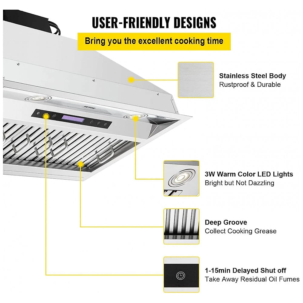 Coifa Embutida VEVOR Inox 76 cm 900CFM 4 Velocidades LED Duto/Sem Duto Controle Remoto 110V