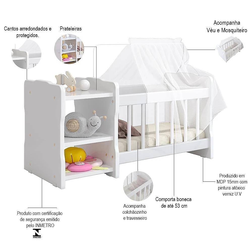 Berço Para Boneca Cristal Ursinho C02 Brinquedo Infantil Branco Lyam Decor