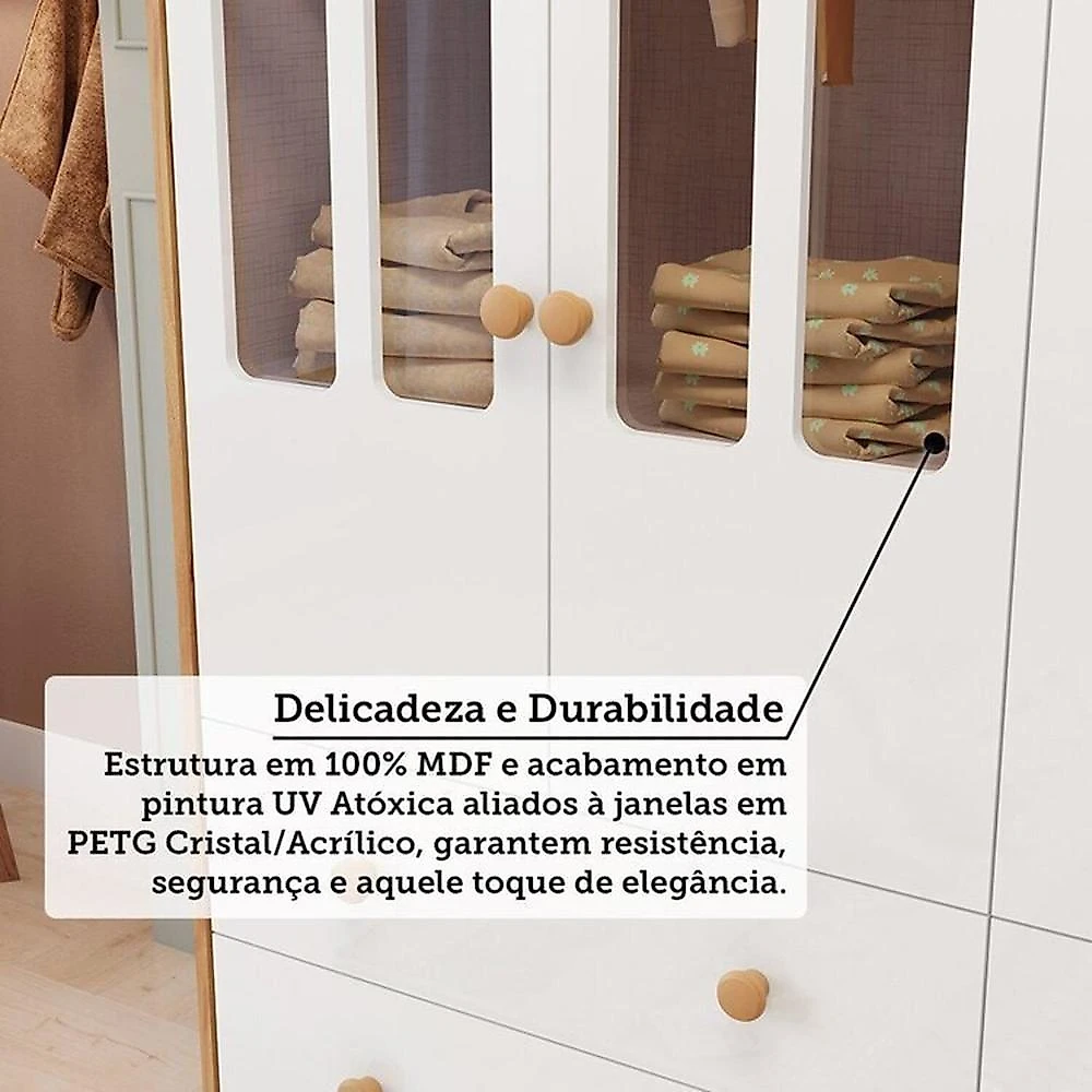 Quarto de Bebê Berço Minicama Guarda-roupa e Cômoda Janeladas 100% Mdf Maya Clássico Espresso Móveis Amêndoa/Branco Brilho