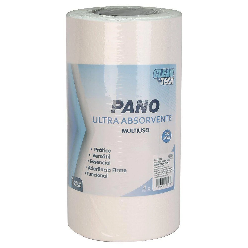 Rolo de Pano Ultra Absorvente Multiuso 200 Folhas em Pp com Polpa de Madeira Clean Tech