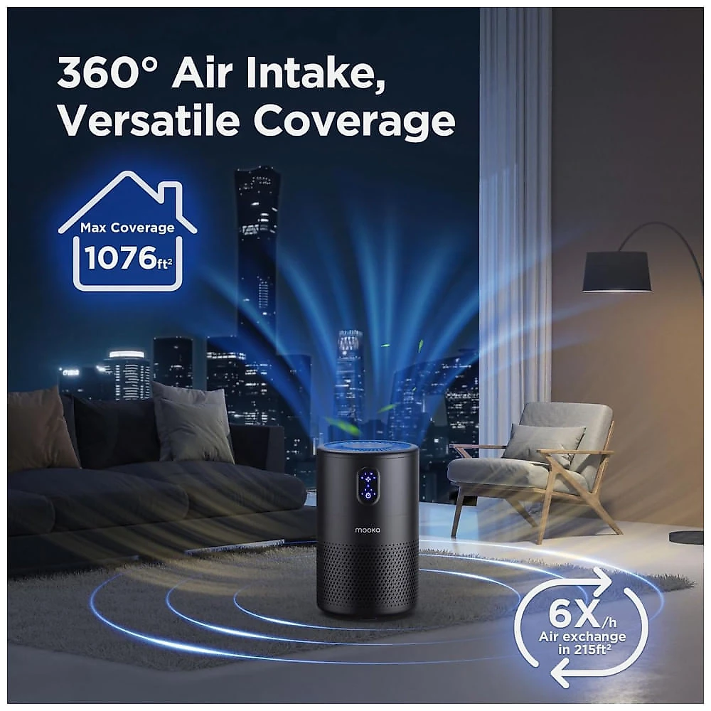 Purificador de Ar MOOKA para Ambientes Amplos de até 100 m², Filtro de Ar True HEPA H13, Elimina Odores, Fumaça, Poeira, Pólen e Pelos de Animais