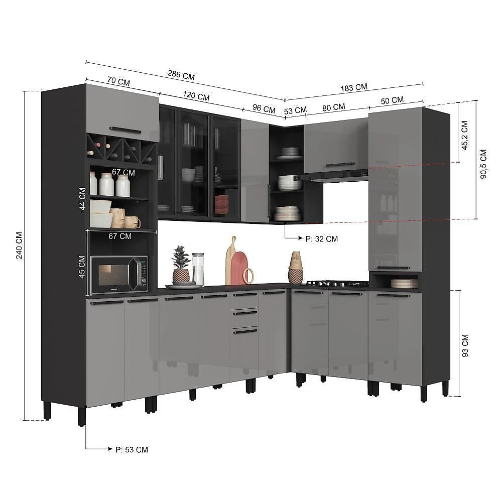 Cozinha Completa Modulada de Canto Mônaco 15 Portas 3 Gavetas MDP 469CM Chumbo Titânio Fidelita webcontinental-7899208901218