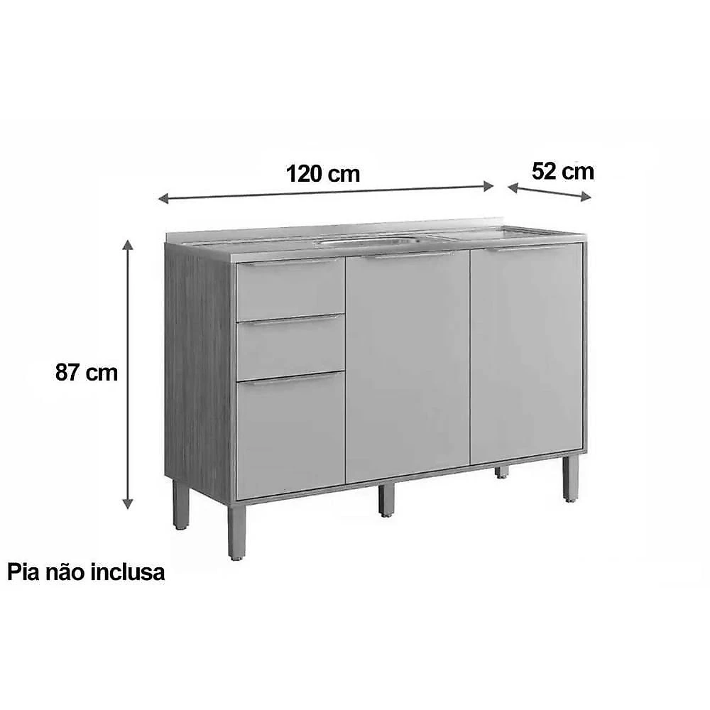 Balcão Cozinha Brilhante 3 Portas 2 Gavetas MDF 120CM Cinamomo-Titanium MGM