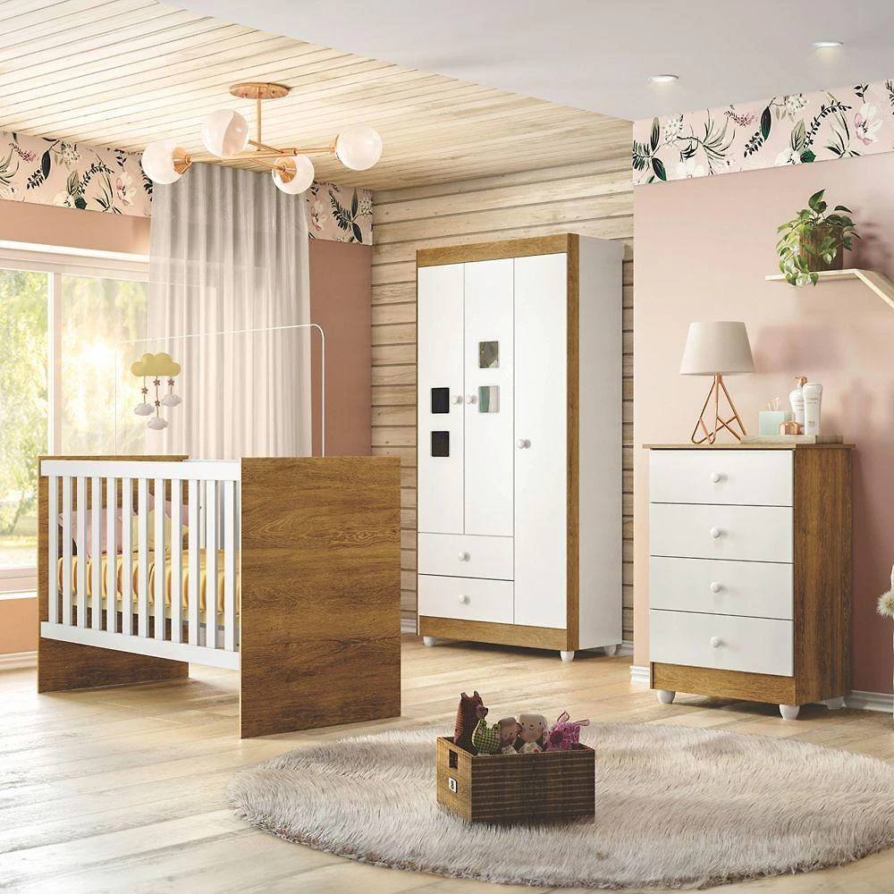 Quarto Bebê Life Berço Cômoda Guarda Roupa 3 Portas Colchão Branco Tigus Móveis