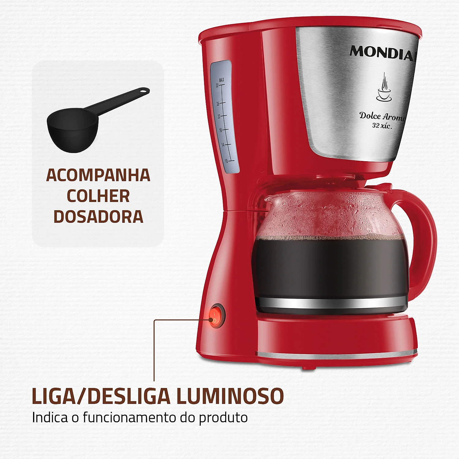 Cafeteira Elétrica Mondial Dolce Arome Inox C-32-32X-R CAFETEIRA-127V-VERMELHO/INOX