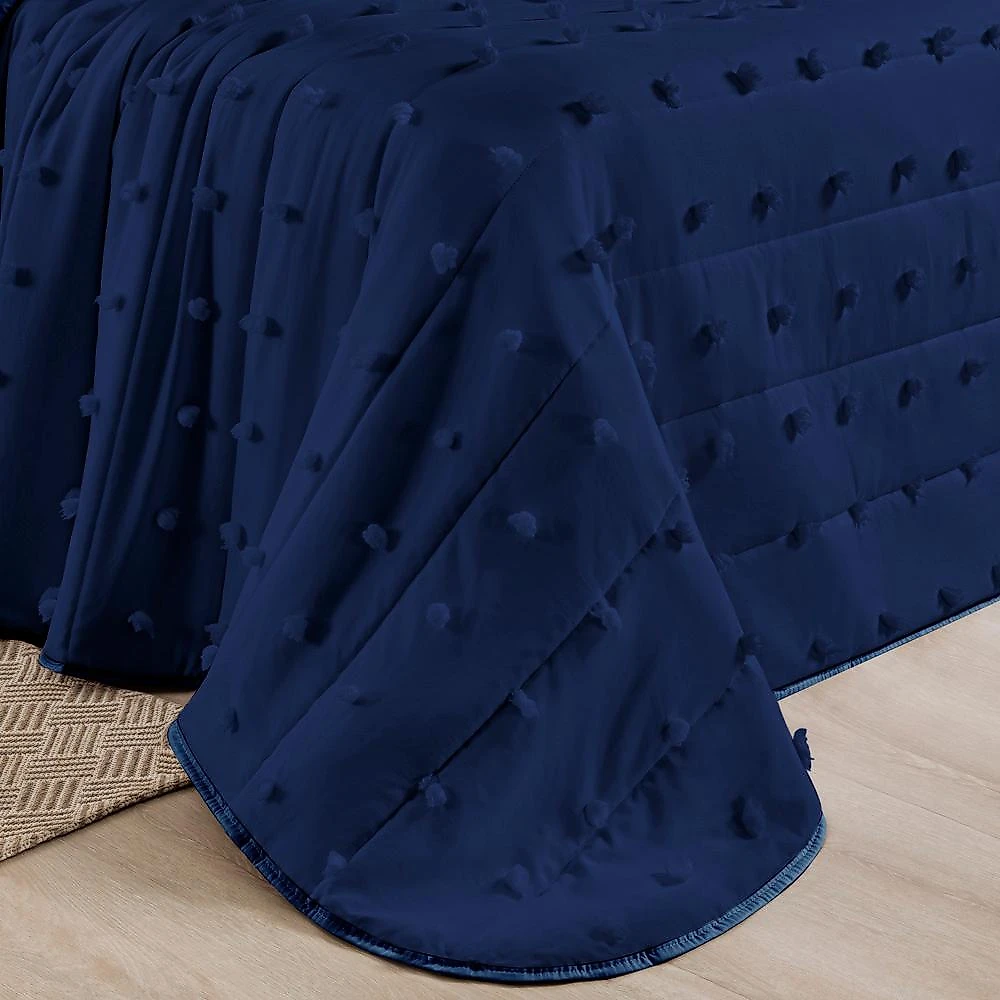 Kit cobre leito colcha alexa pompom king dupla face micropercal 3 peças - azul marinho