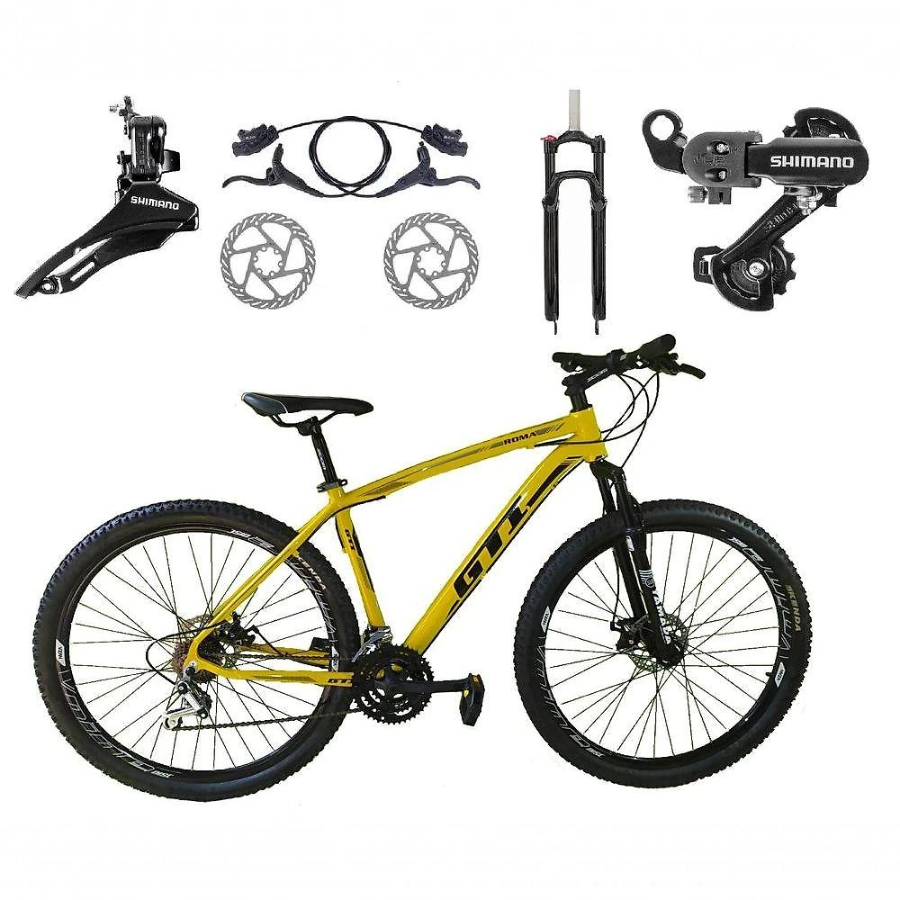 Bicicleta Aro 29 Gti Roma Shimano 24v K7 Freio A Disco Hidráulico Garfo Com Trava - Amarelo Tam.17