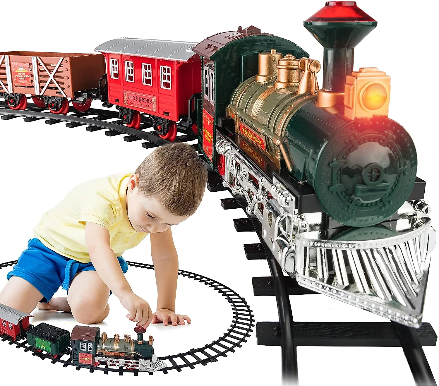 Atlasonix Conjunto de Trem Trenzinho Elétrico Escala 187 4 Cvalos e 10 Trilhos Verde
