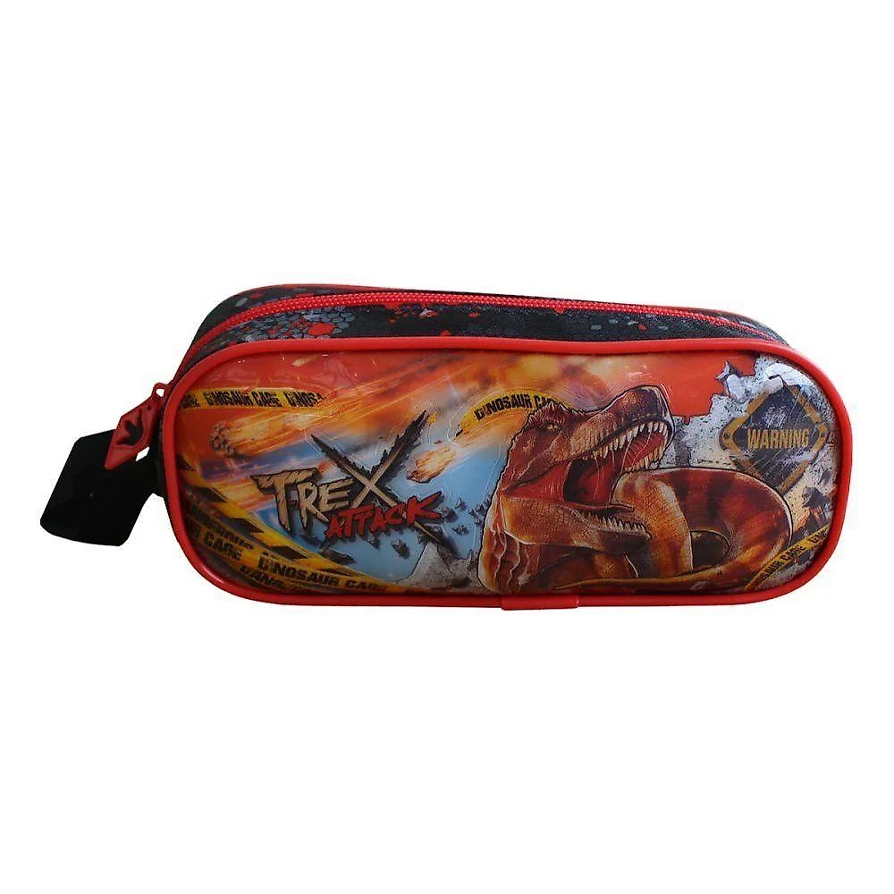 Estojo Escolar Clio Style T-rex Attack em Poliéster com Fecho Seguro Preto e Vermelho