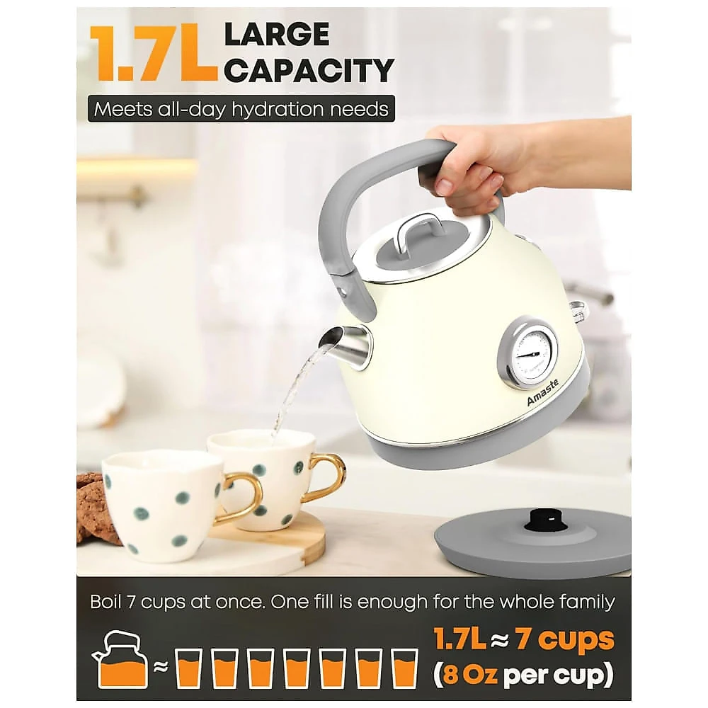 Chaleira Elétrica Amaste 1,7L Inox Branca Creme, Termômetro Retro, 1500W, Proteção Antisseco, Tampa Removível, BT-K15FT 110V