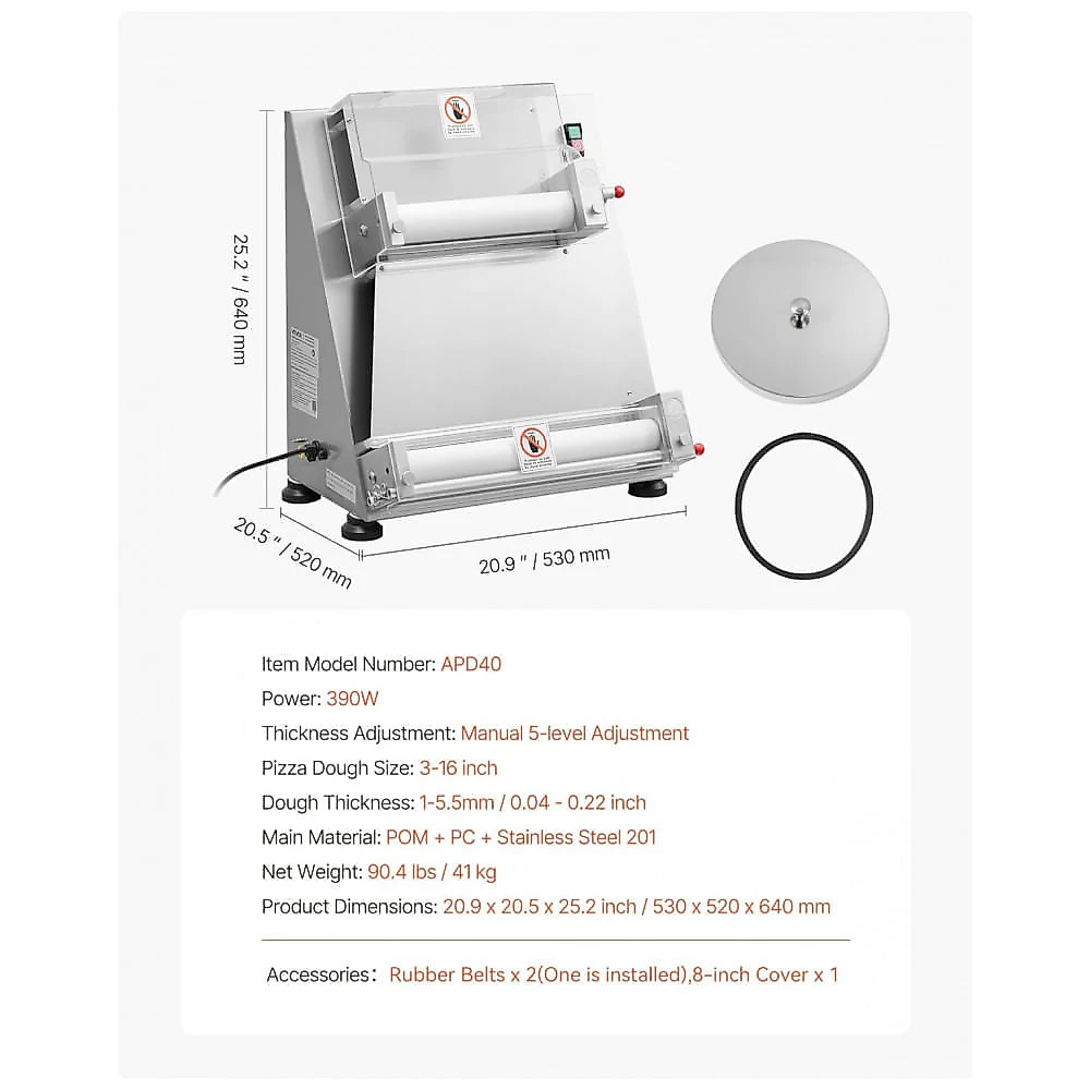 Laminadora de Massa para Pizza VEVOR APD40 Semi-automática Inox 390W 7,6-40,6cm 260 Peças/h 110V