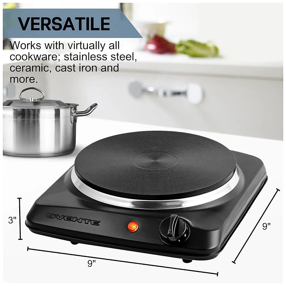 Fogão de Mesa Elétrico OVENTE, 1 Queimador de 1000W, Placa de Ferro Fundido 18,4cm, Controle de Temperatura 5 Níveis, Design Compacto