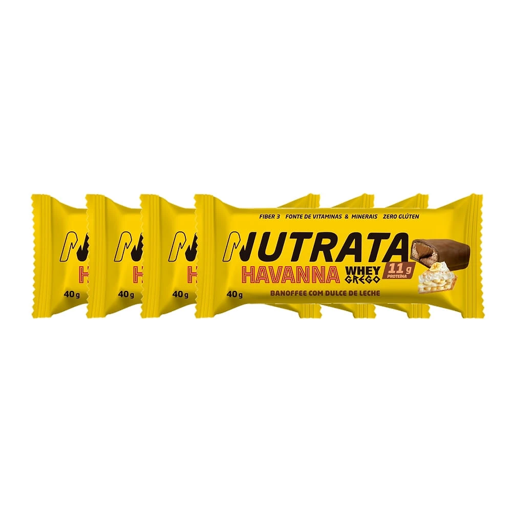Kit 4 Barra de Proteína Nutrata Havanna Whey Grego Sabor Banoffee com Dulce de Leche com 11g de Proteína 40g