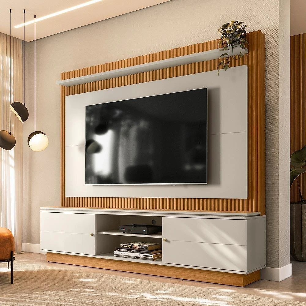 Estante Home para Tv Até 75 Valdivia G77 2 Portas 2 Prateleiras 215cm Nature-off White Gran Belo