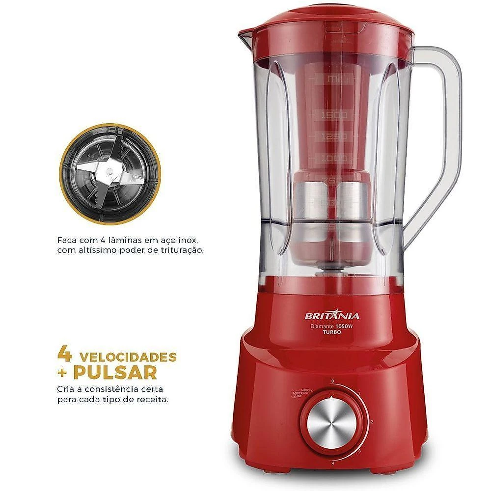 Liquidificador britânia diamante 1050w 2,65l com filtro vermelho 4 velocidades 220v