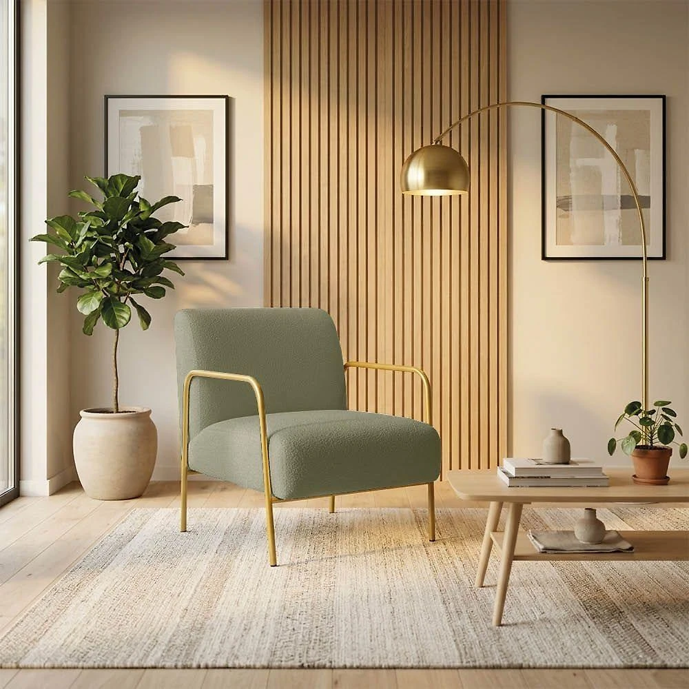 Poltrona Helena Bouclê Base Aço Dourado Espuma D26 Verde Pistache D'Rossi