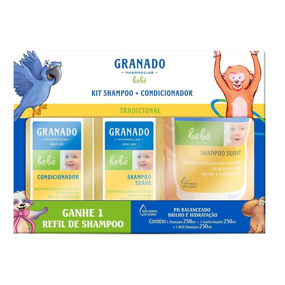 Kit Shampoo Suave e Condicionador Granado Bebê Tradicional 250ml cada e Ganhe Shampoo Suave Refil 250ml