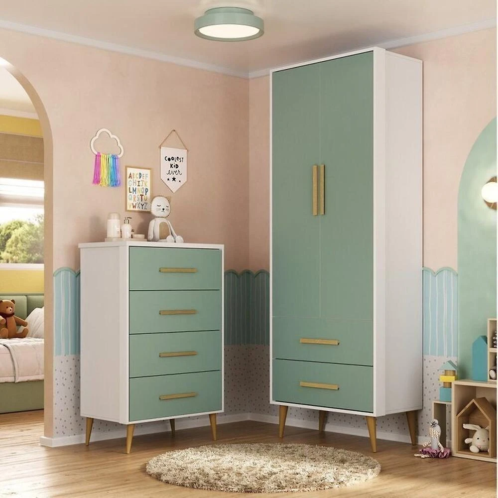 Quarto Infantil Completo Guarda-Roupa 2 Portas 2 Gavetas com Cômoda Magia Espresso Móveis Rosa/Branco