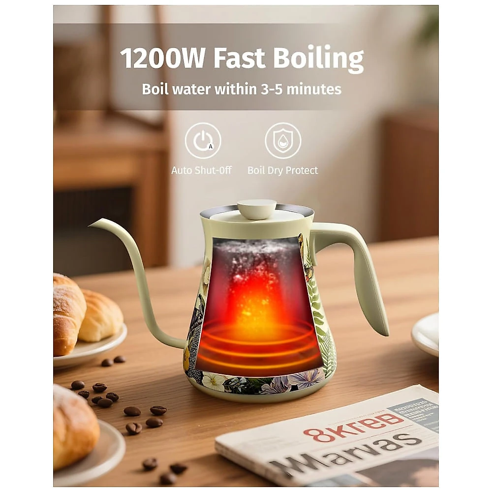 Chaleira Elétrica Pescoço de Ganso 0,8L INFOOD Floral, Controle Preciso de Temperatura, Agendamento, Inox, Desligamento Automático, 1200W, 110V