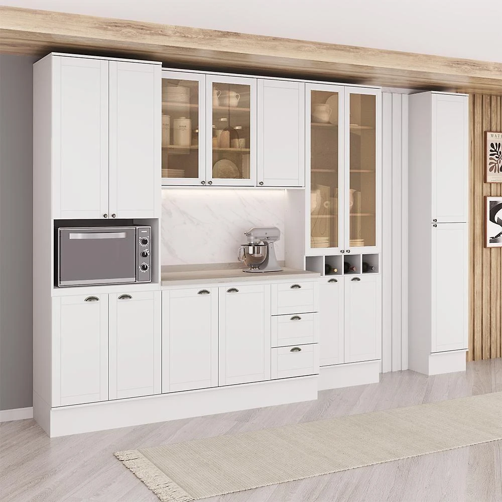 Cozinha Milla Mona 15 Portas 3 Gavetas MDF 350CM Branco Móveis Carraro