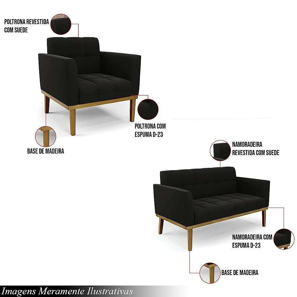 Conjunto Poltrona e Namoradeira Karen Suede Pés Madeira Preto Gran Belo