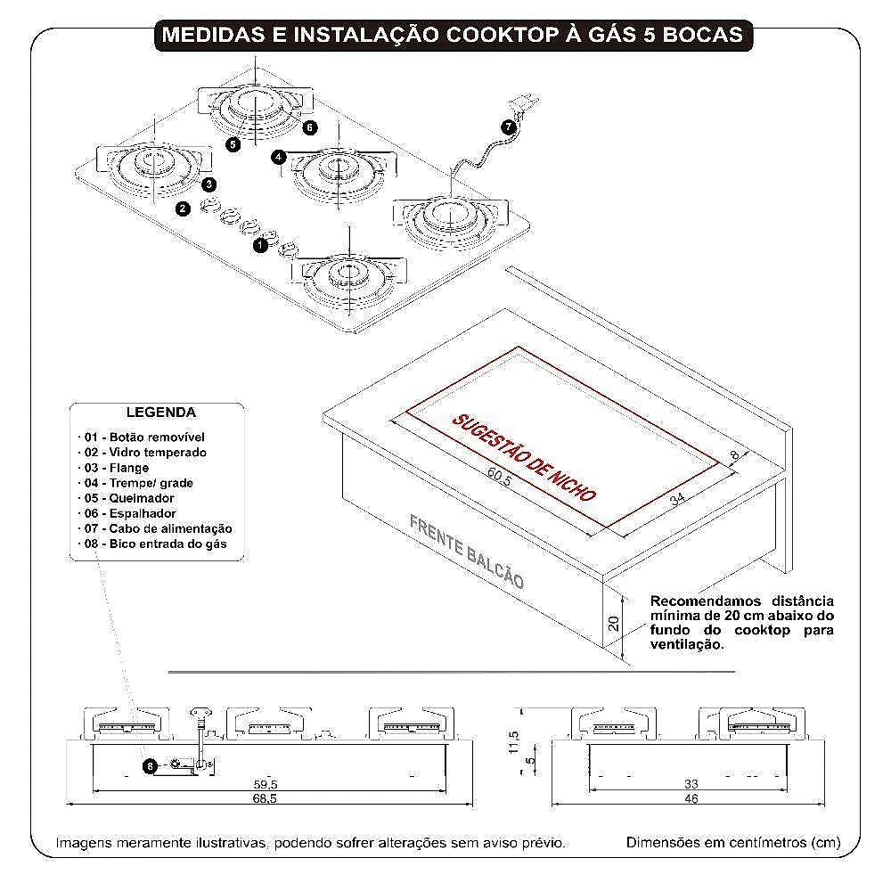 Cooktop Fogatti à Gás Fgt 5b Vidro Preto Flange Inox Preto Bivolt