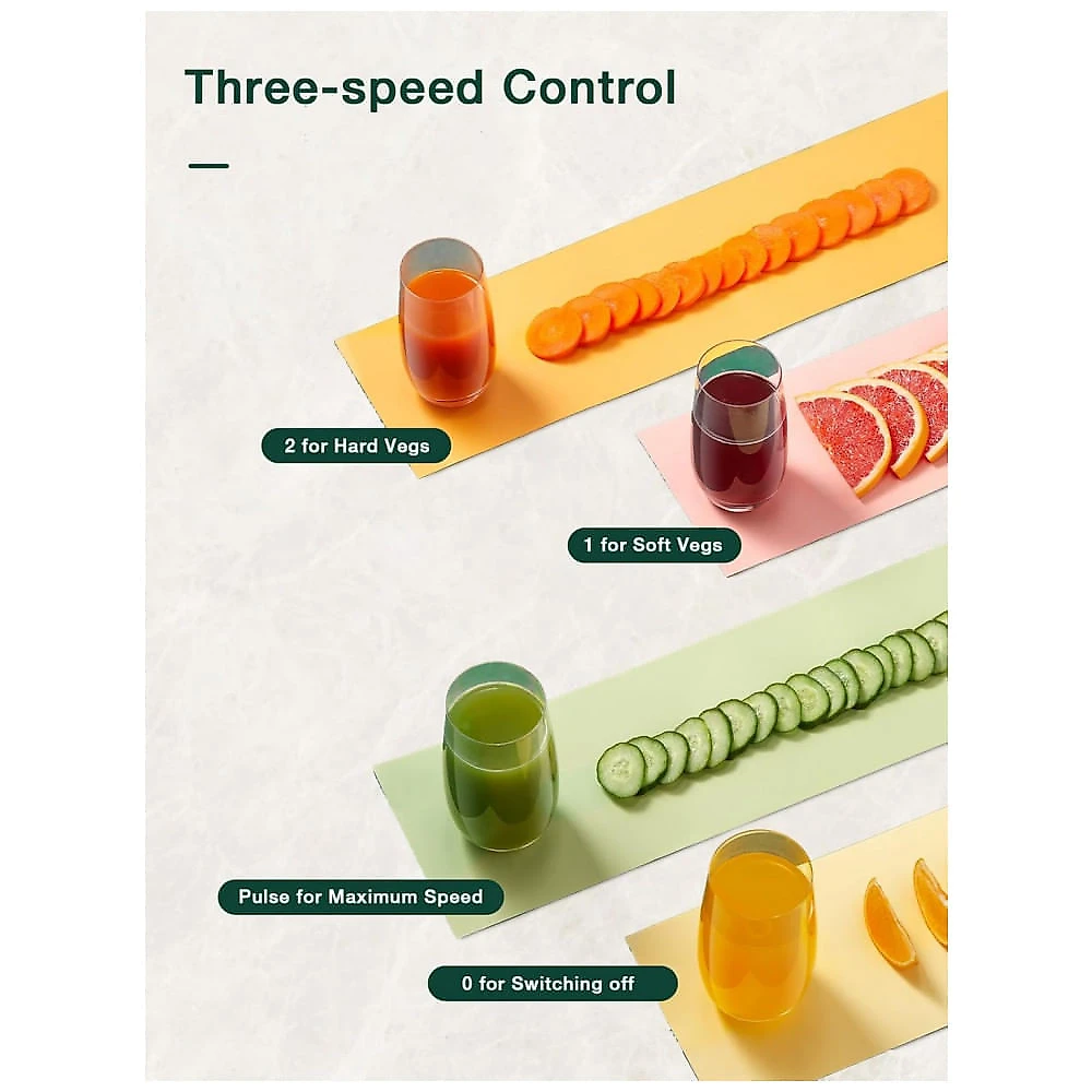 Extrator de Suco Juilist 7,62 cm para Frutas e Vegetais, 3 Velocidades, Motor de 400W, Fácil de Limpar - Verde