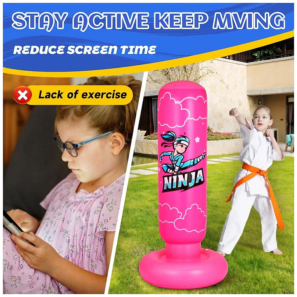 Saco de pancadas inflável infantil Onirii ninja rosa, 168cm, PVC, com luvas e bomba de