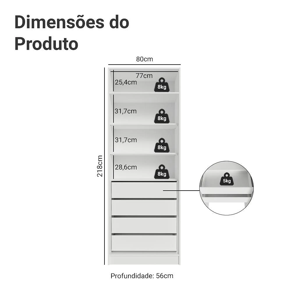 Guarda-roupa modulado 2 portas 4 gavetas branco neo madesa