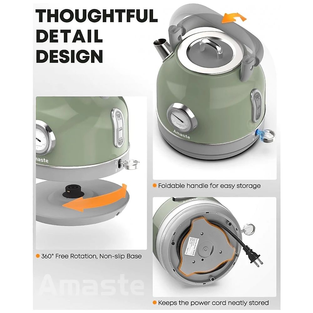 Chaleira Elétrica Amaste 1,7L Inox Verde Matcha, Termômetro Retro, 1500W, Proteção Antisseco, Tampa Removível, BT-K15FT 110V