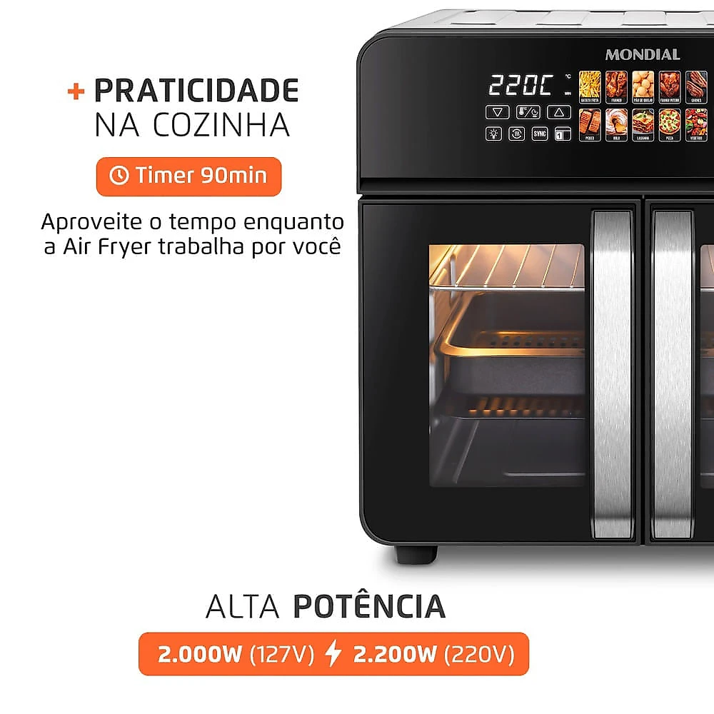 Air Fryer Forno 25L French Door Mondial Preto/Inox 2000W - AFDO-25L-FD 127V