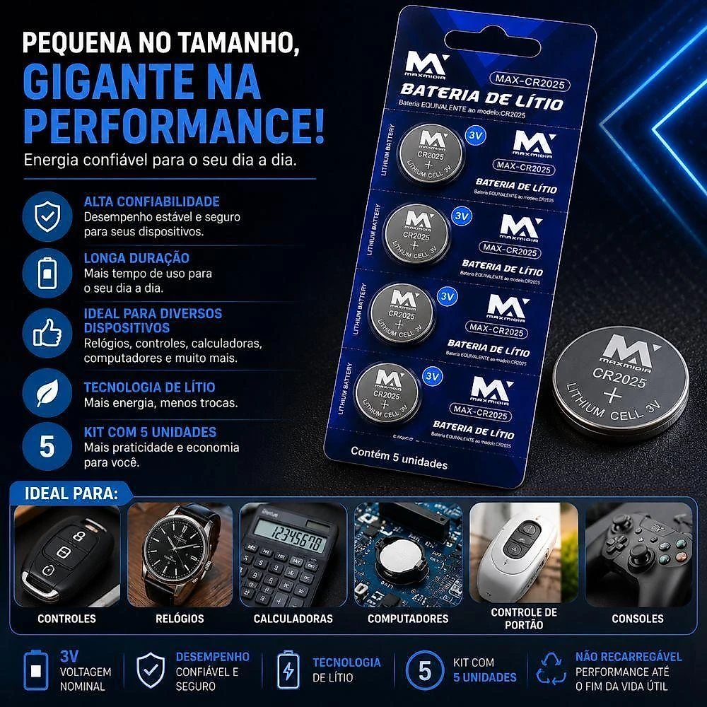 Bateria Botão CR2025 Litio 3V Kit 25 Unidades Pilha Tipo Moeda Botao Controle Relogio Calculadora