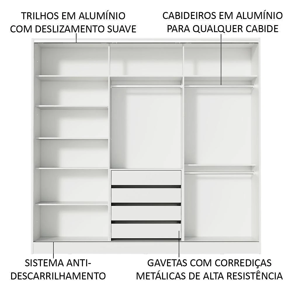 Guarda roupa juvenil 100% mdf madesa kevin 3 portas de correr com espelho - branco/rustic
