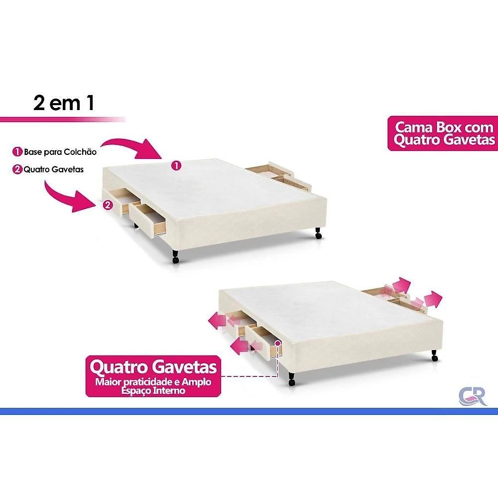 Cama Box Casal Poli Clean 4 Gavetas Madeira Tecido Bege Colchões Castor